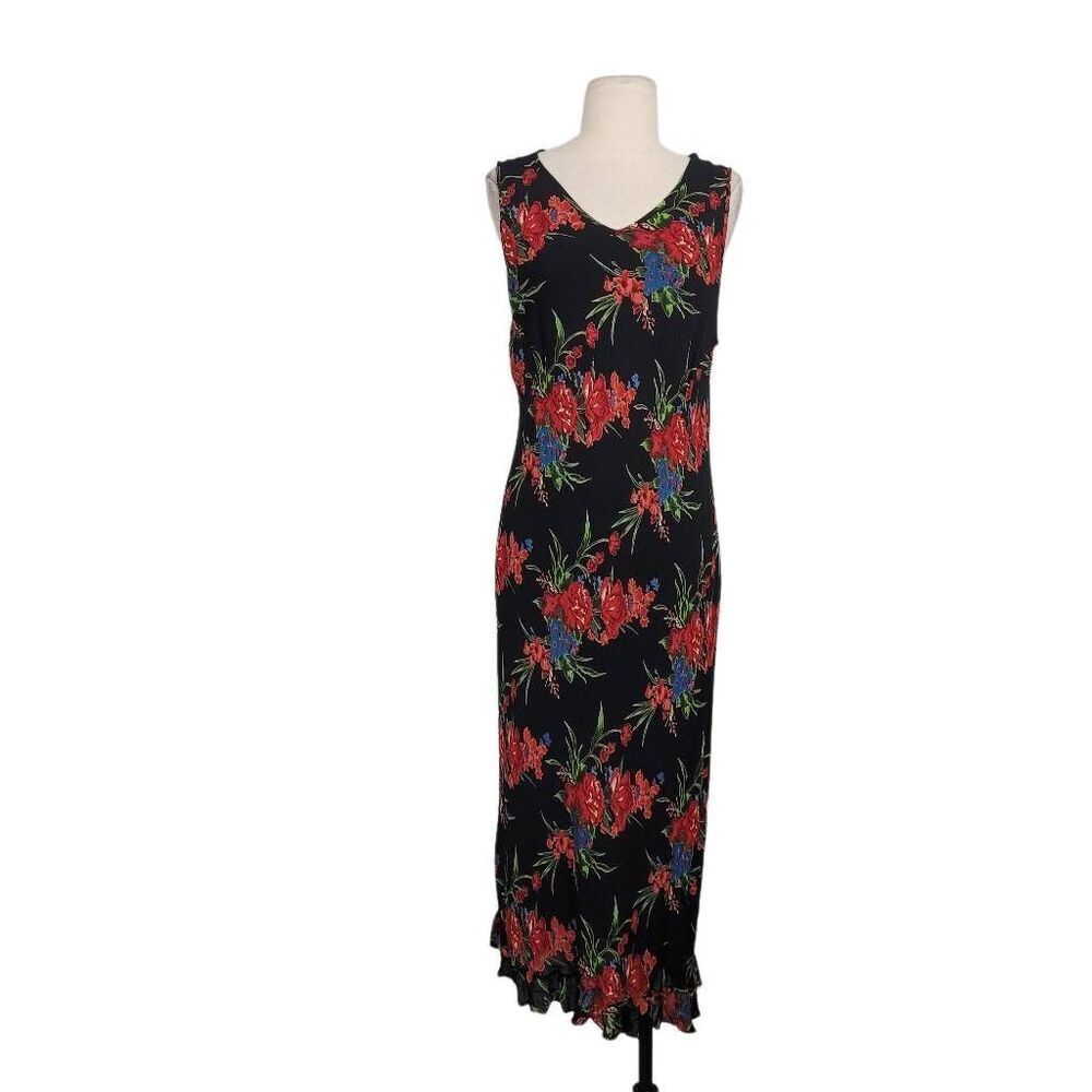 Y2K Style & Co Pullover Black Floral Midi Dress Sz L Rayon Ruffle Hem Sleeveless